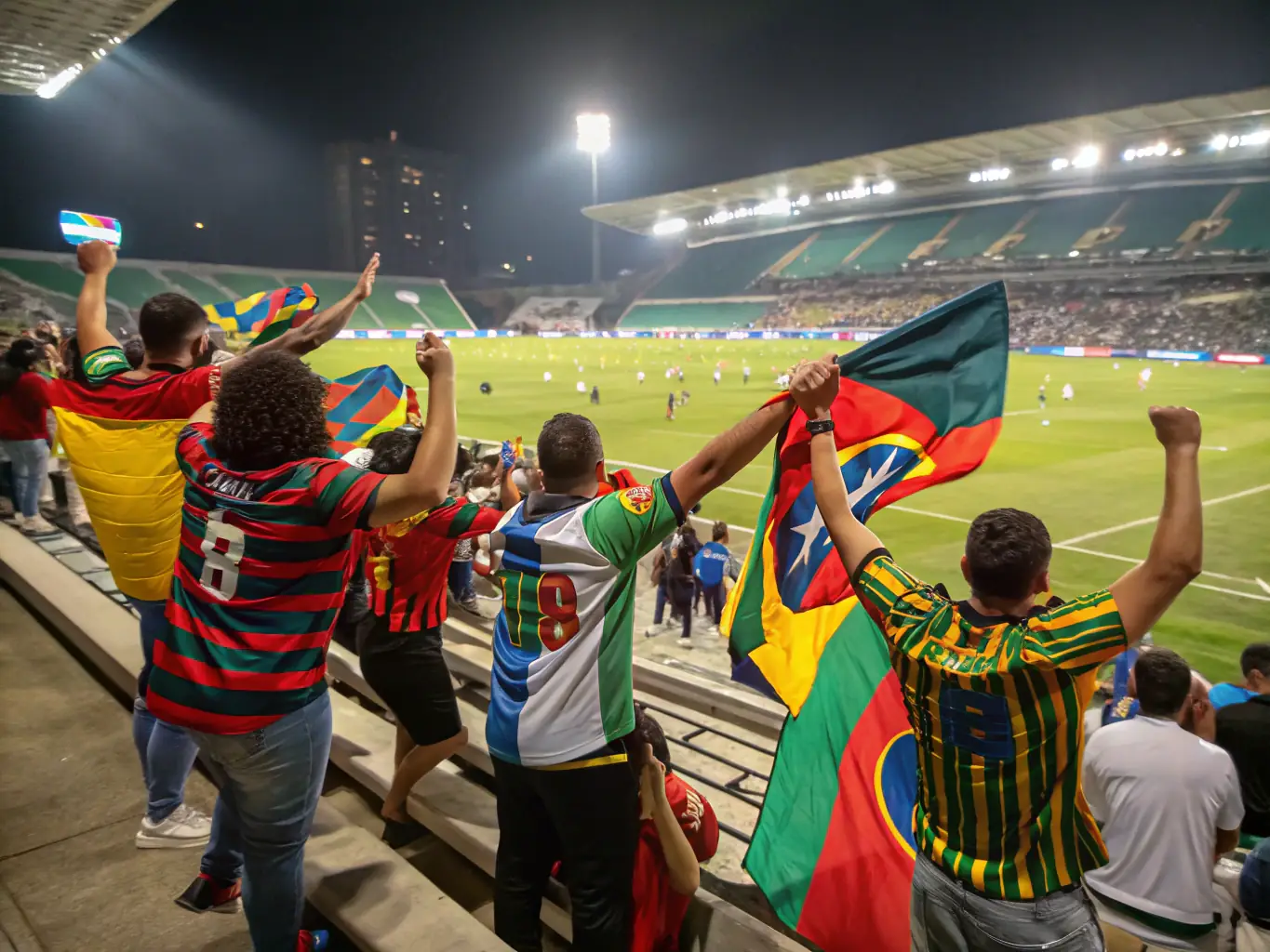 A vibrant image capturing the excitement of fans cheering during a Rodez Aveyron Football game, showcasing the energy and passion of AUTHENTIC RUTENA 05 supporters.