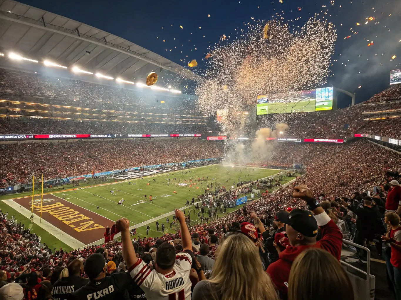 A dynamic shot capturing the excitement of a game day event, with fans decked out in Rodez Aveyron Football gear, flags waving, and faces painted, showcasing the vibrant atmosphere and community spirit.
