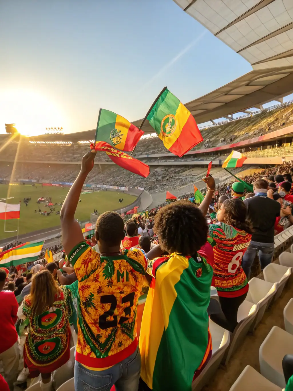 A photograph capturing the excitement of a game-day event organized by AR05, showing fans cheering and waving flags in the stadium.
